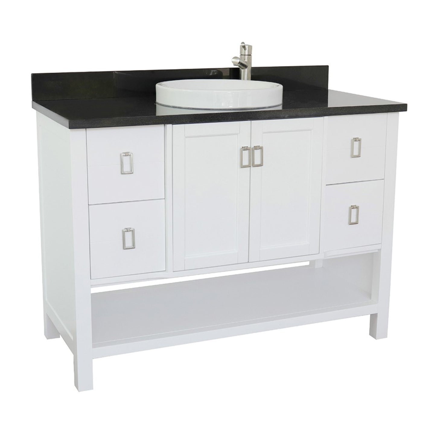 49" Single vanity in White finish with Black Galaxy top and round sink