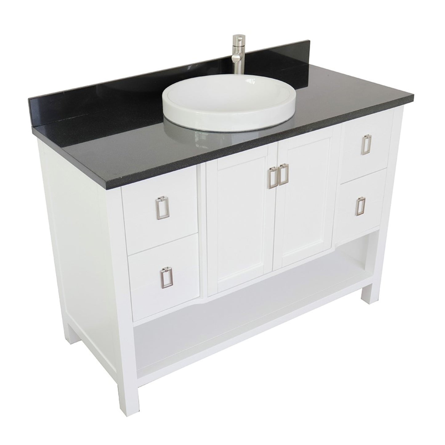 49" Single vanity in White finish with Black Galaxy top and round sink