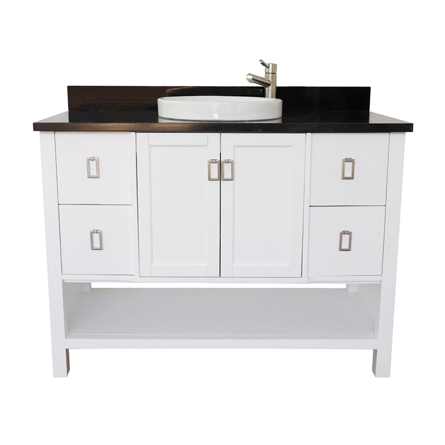 49" Single vanity in White finish with Black Galaxy top and round sink