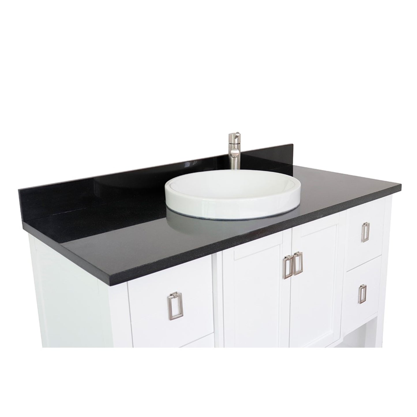 49" Single vanity in White finish with Black Galaxy top and round sink