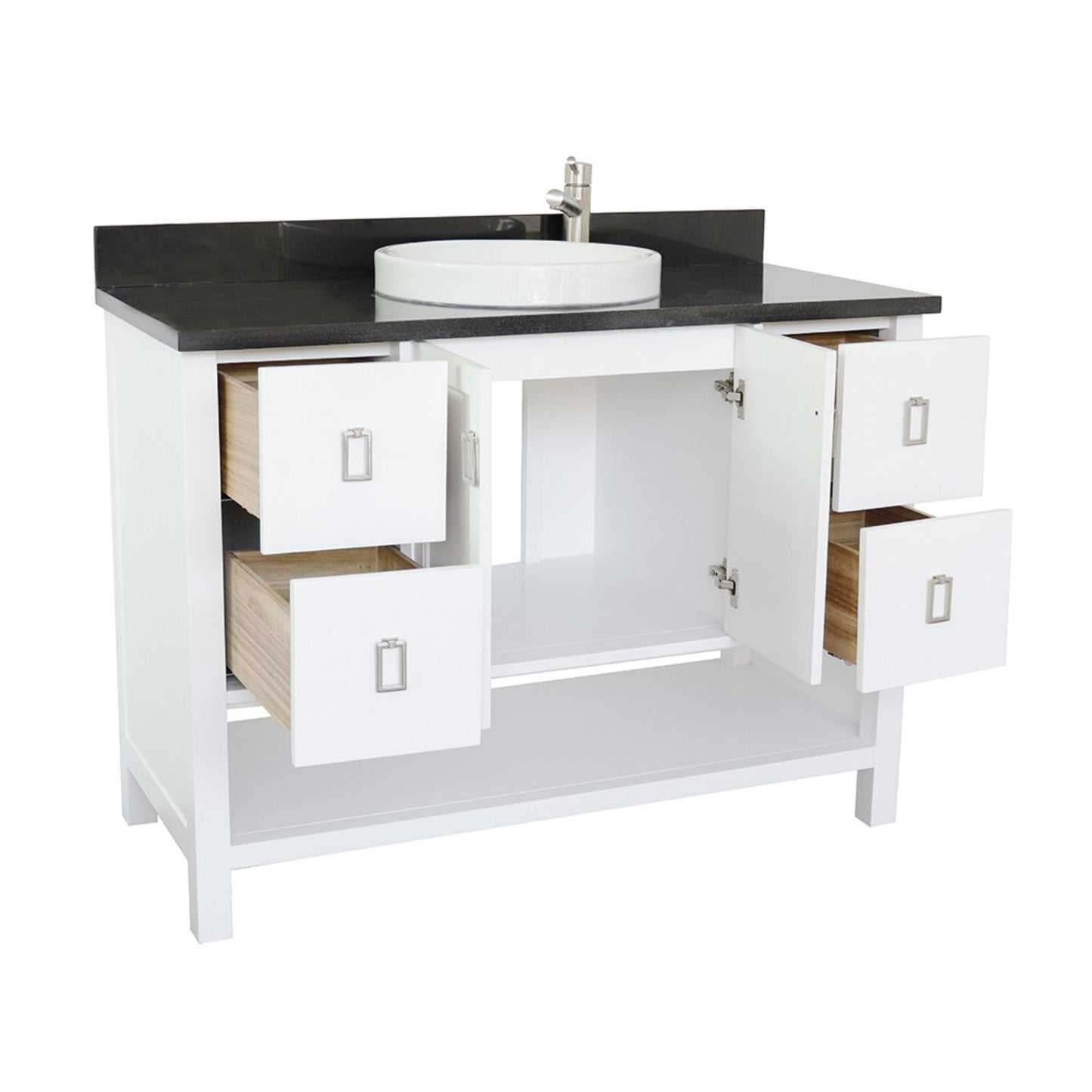 49" Single vanity in White finish with Black Galaxy top and round sink