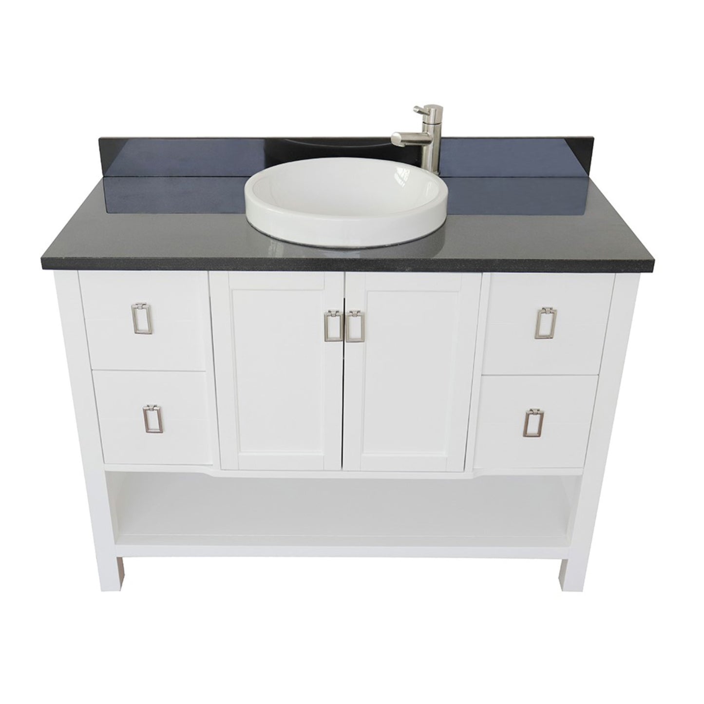 49" Single vanity in White finish with Black Galaxy top and round sink
