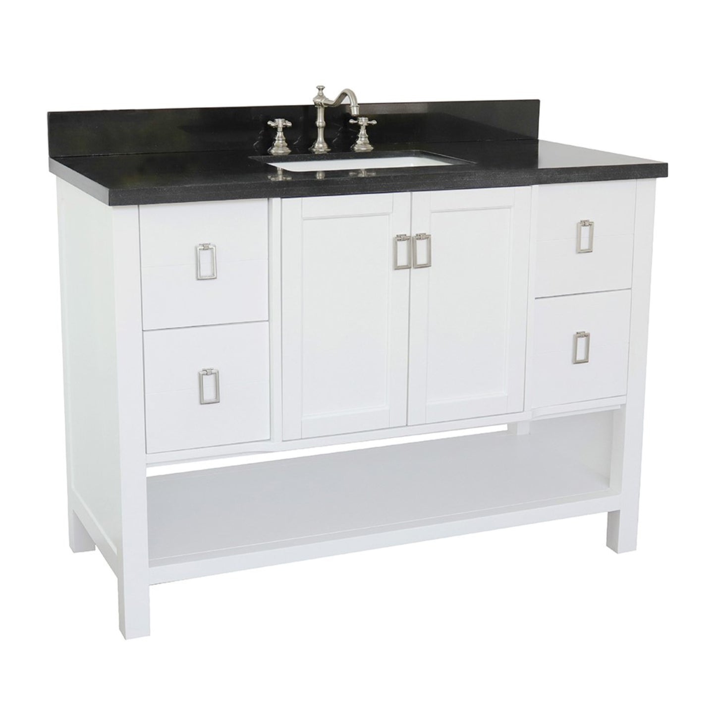 49" Single vanity in White finish with Black Galaxy top and rectangle sink