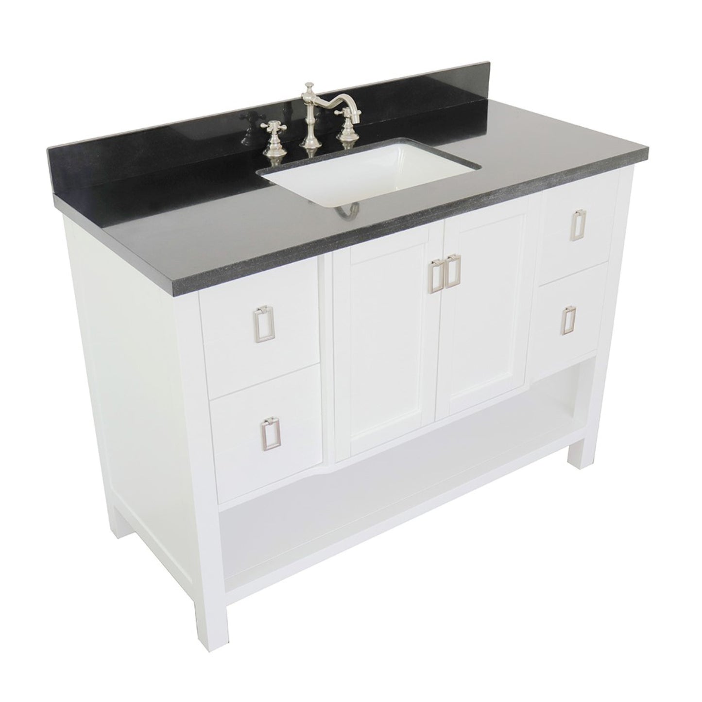 49" Single vanity in White finish with Black Galaxy top and rectangle sink
