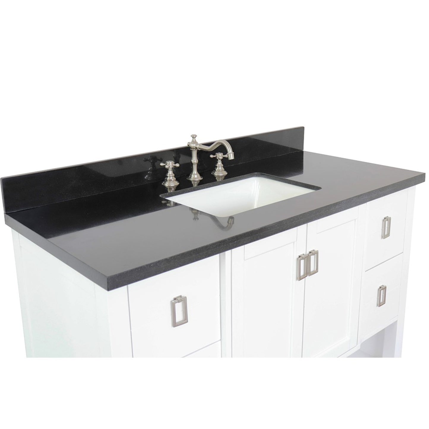 49" Single vanity in White finish with Black Galaxy top and rectangle sink