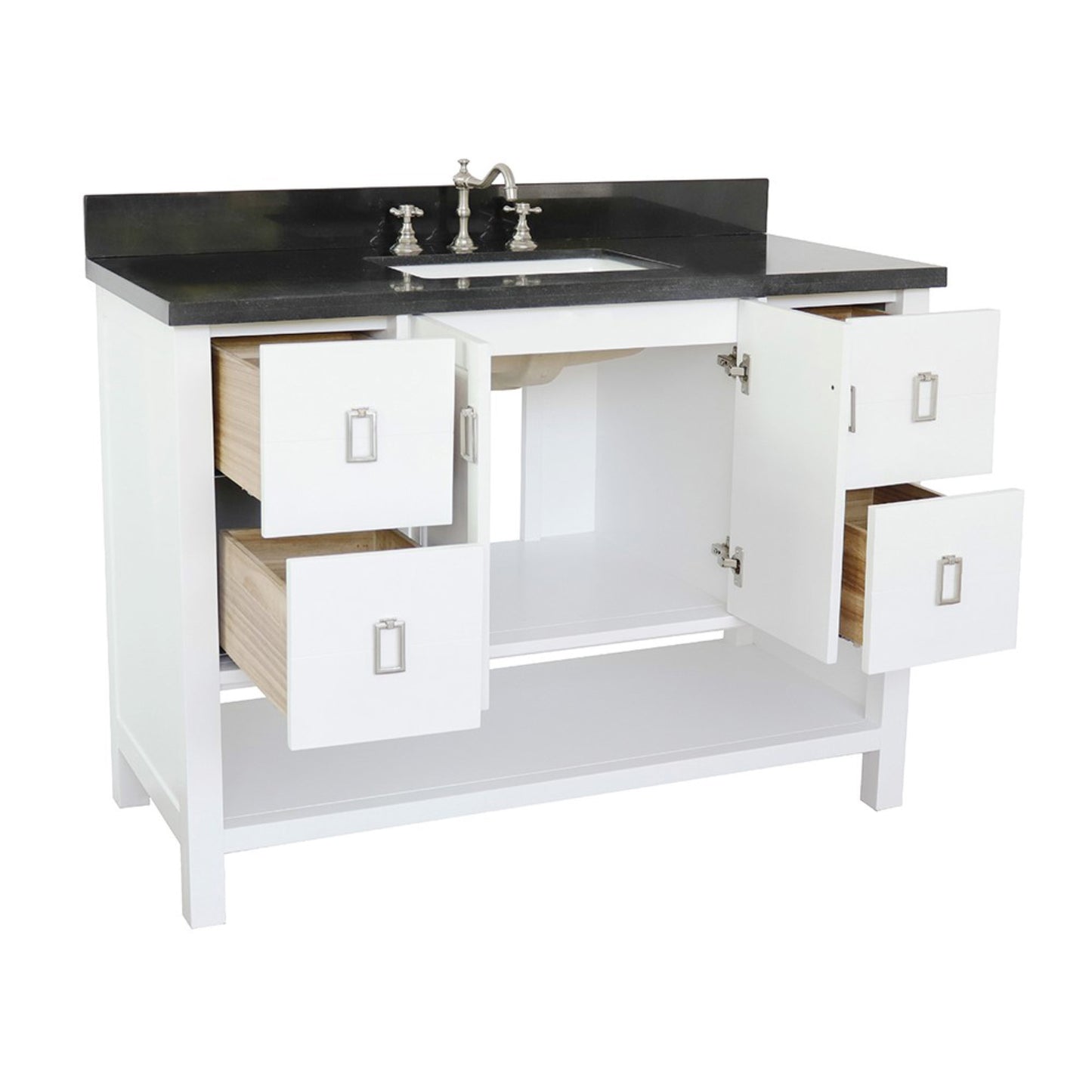 49" Single vanity in White finish with Black Galaxy top and rectangle sink