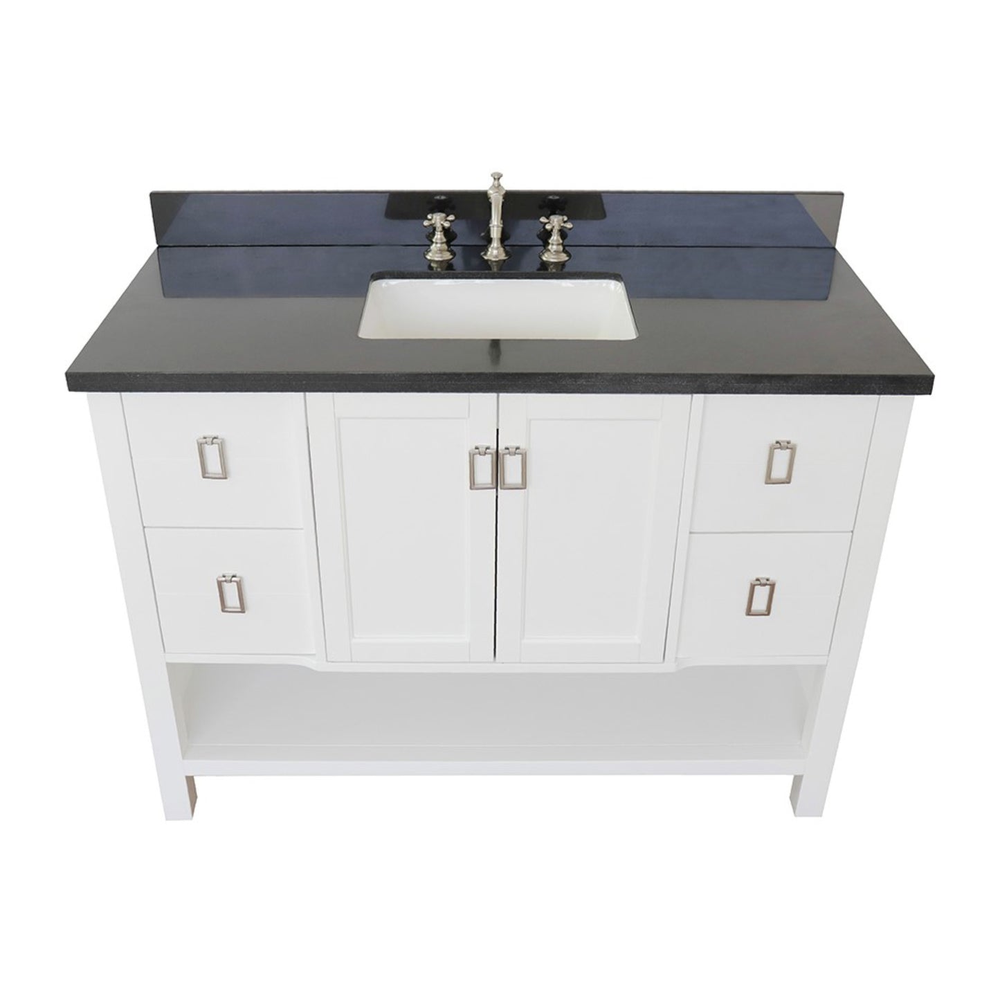 49" Single vanity in White finish with Black Galaxy top and rectangle sink