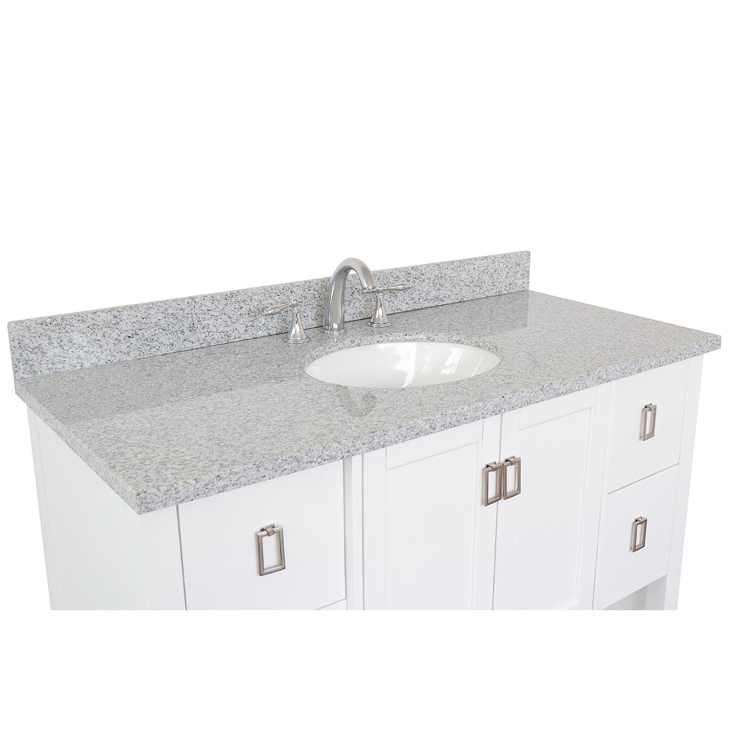 49" Single vanity in White finish with Gray granite top and oval sink