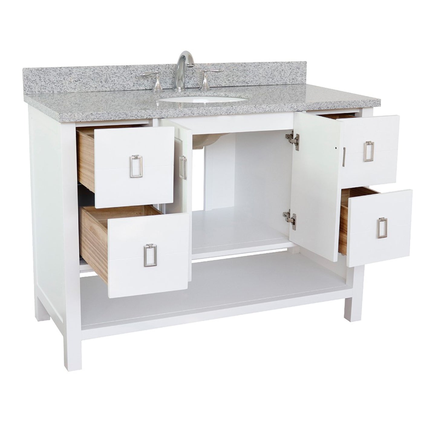 49" Single vanity in White finish with Gray granite top and oval sink