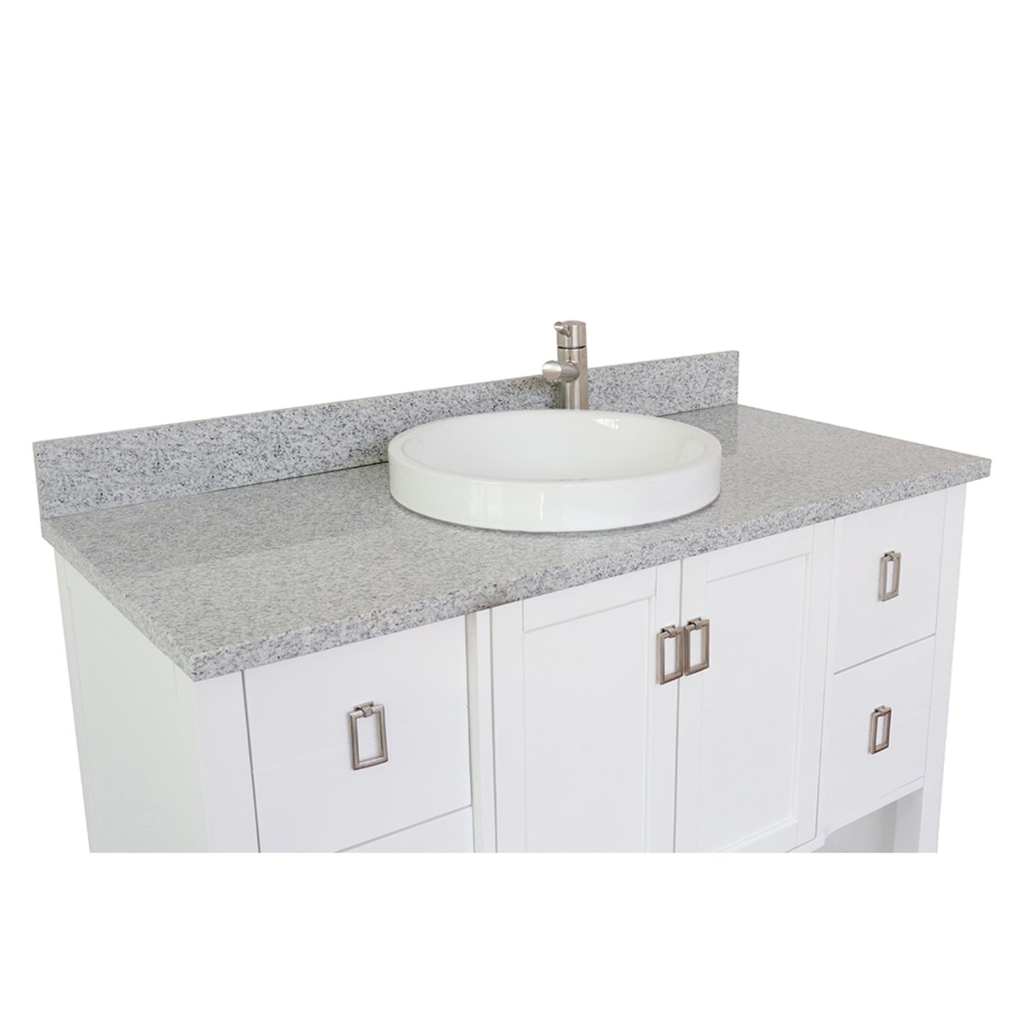 49" Single vanity in White finish with Gray granite top and round sink