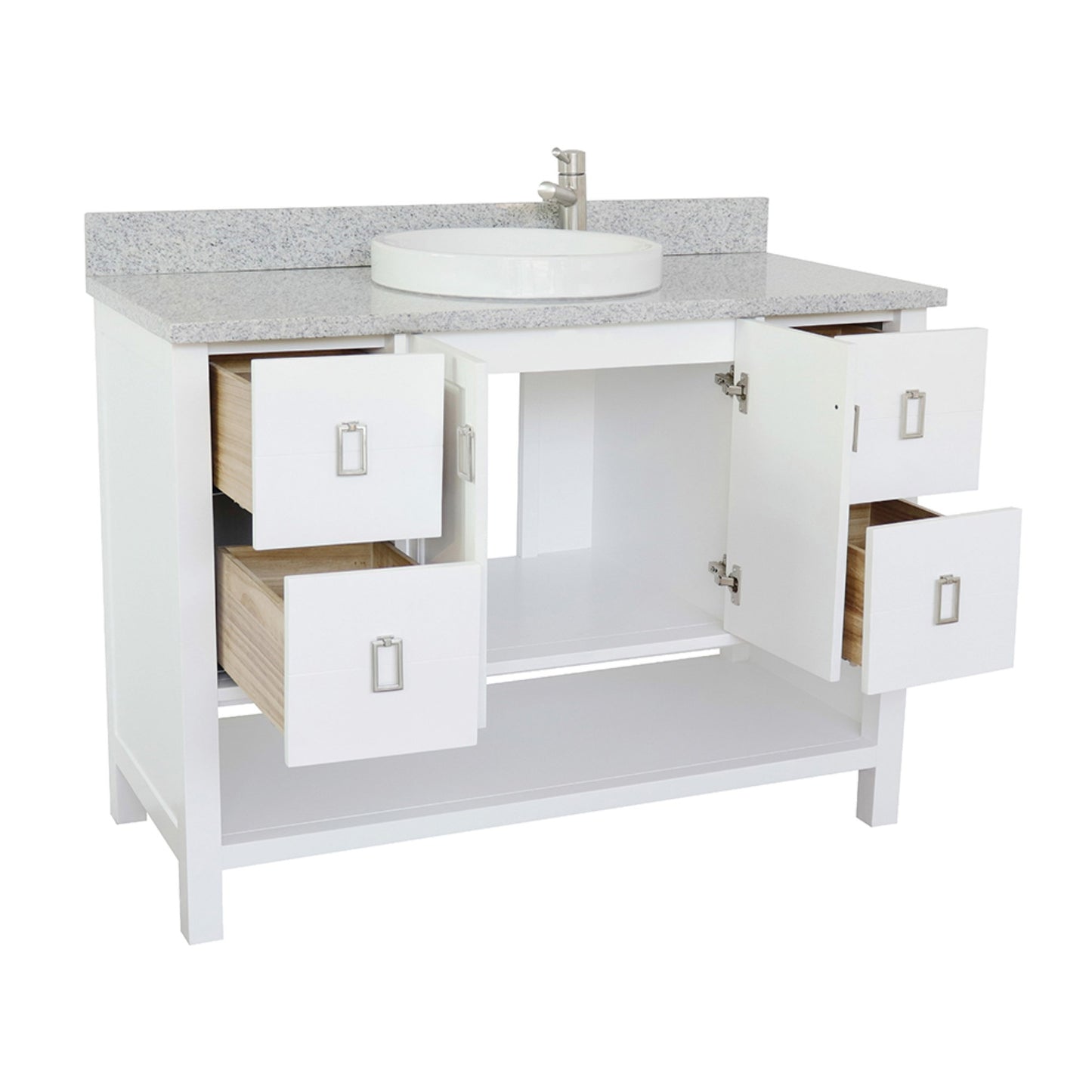49" Single vanity in White finish with Gray granite top and round sink