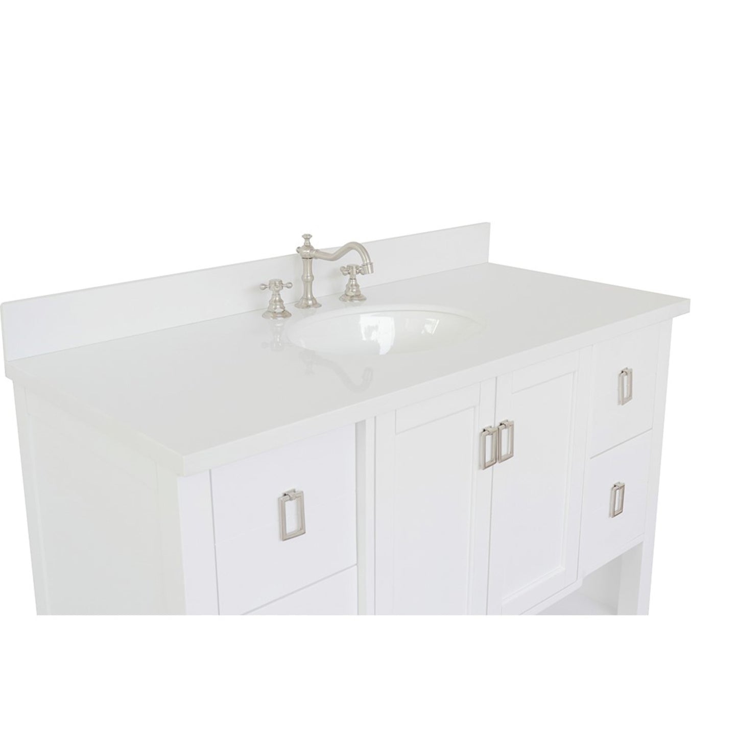 49" Single vanity in White finish with White engineered stone top and oval sink
