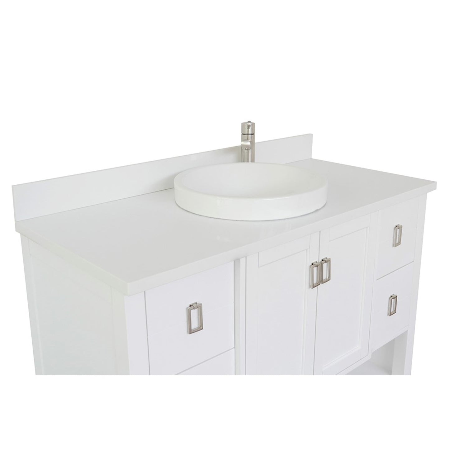 49" Single vanity in White finish with White engineered stone top and round sink