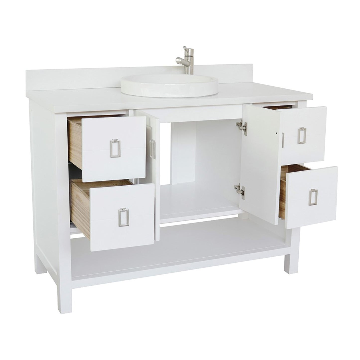 49" Single vanity in White finish with White engineered stone top and round sink