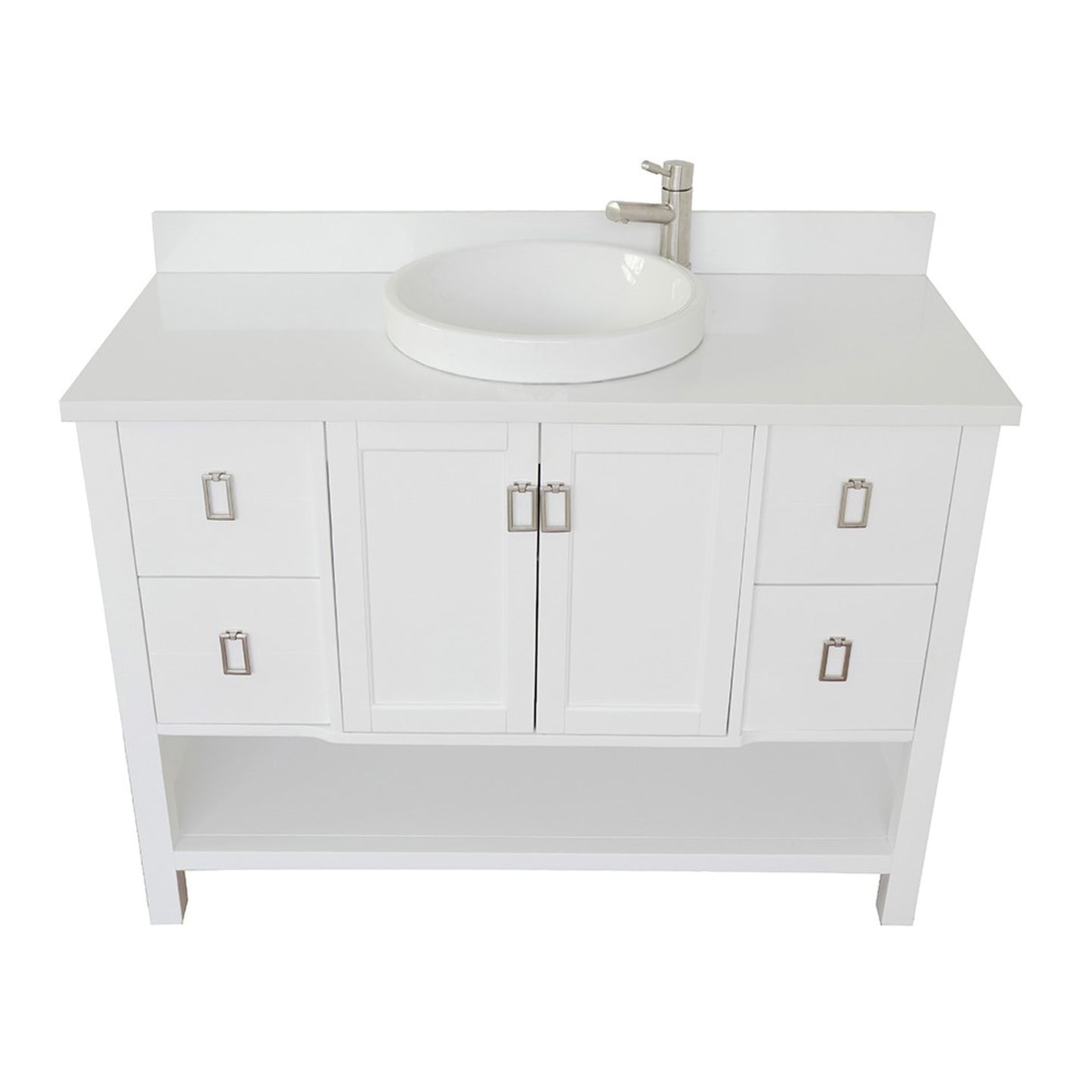 49" Single vanity in White finish with White engineered stone top and round sink