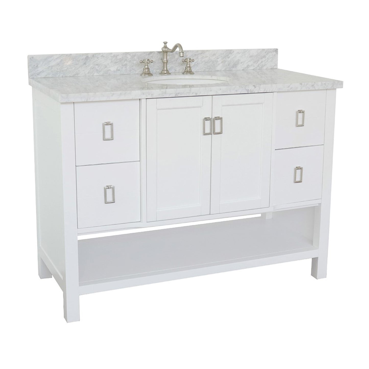 49" Single vanity in White finish with White Carrara top and oval sink