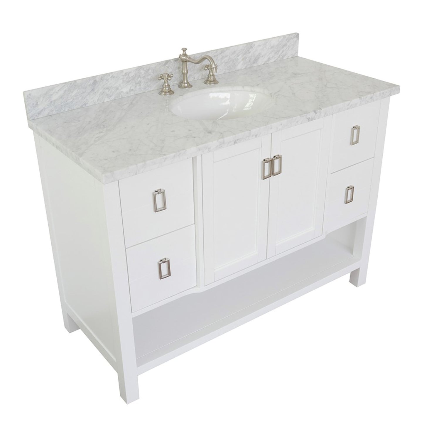 49" Single vanity in White finish with White Carrara top and oval sink