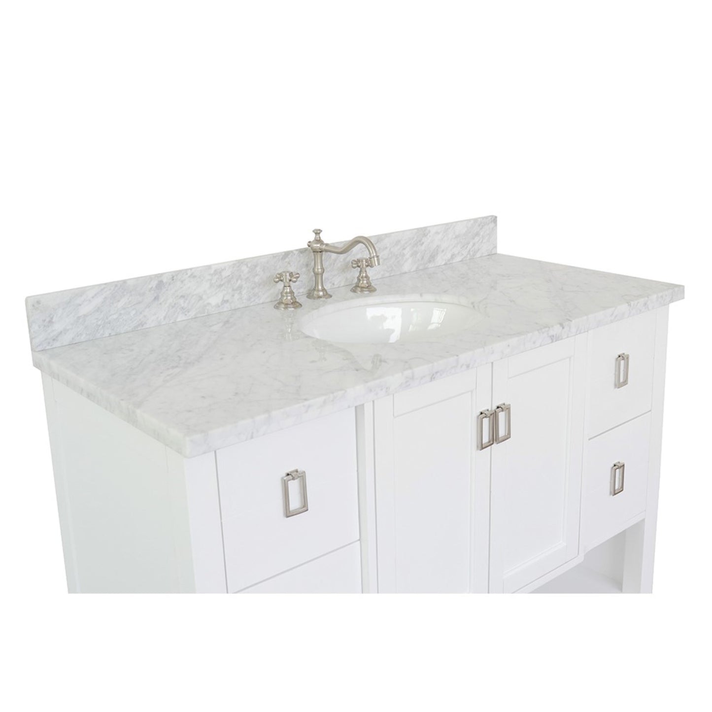49" Single vanity in White finish with White Carrara top and oval sink