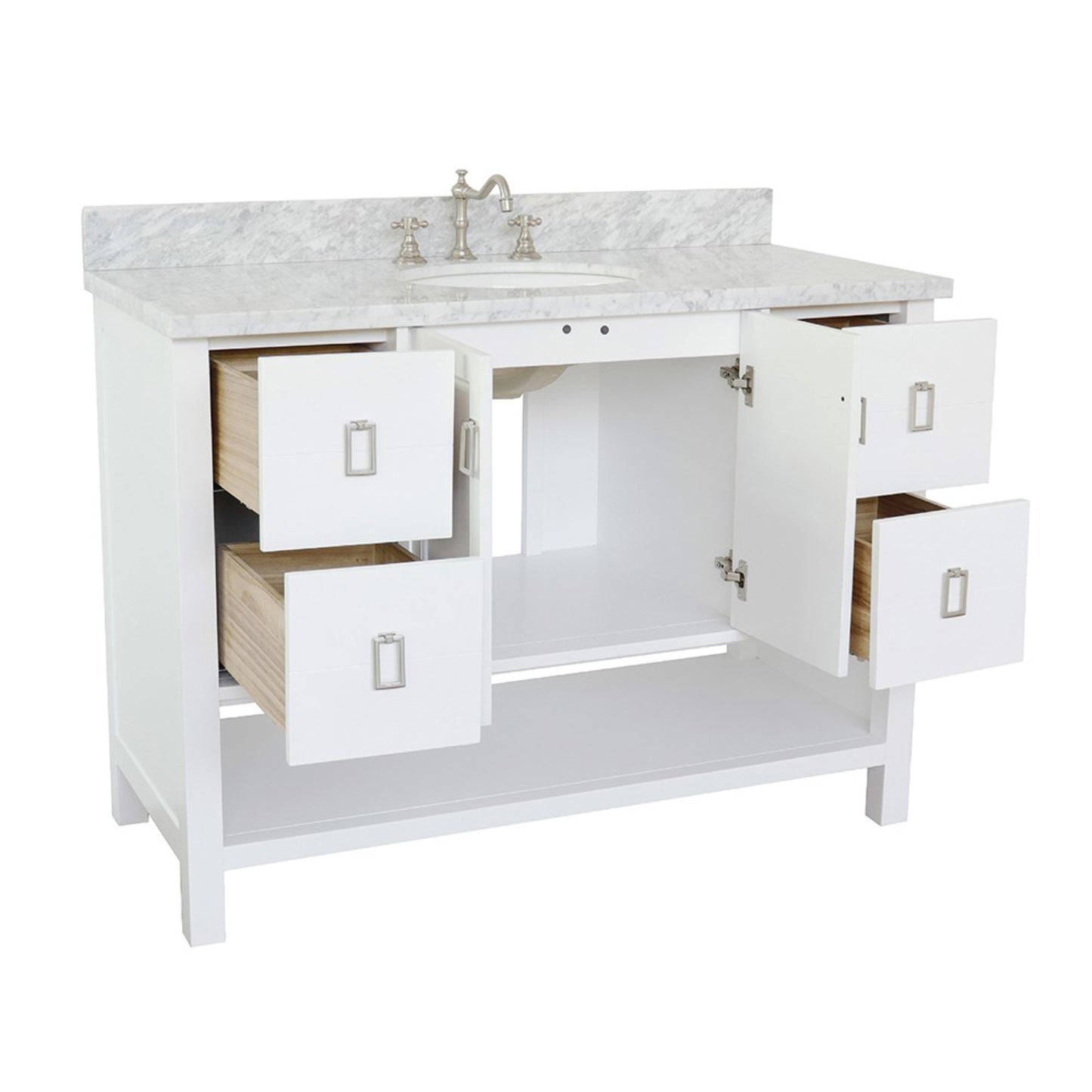 49" Single vanity in White finish with White Carrara top and oval sink