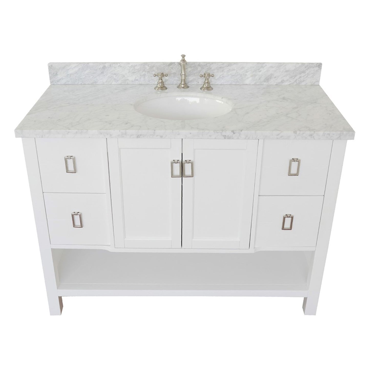 49" Single vanity in White finish with White Carrara top and oval sink