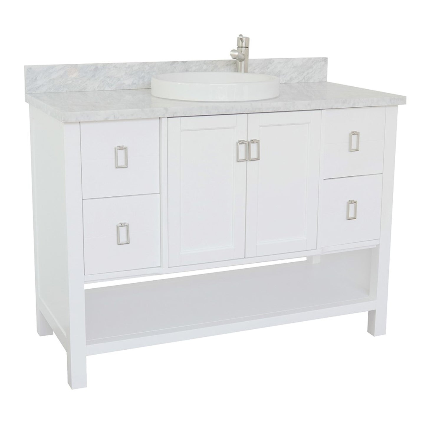 49" Single vanity in White finish with White Carrara top and round sink