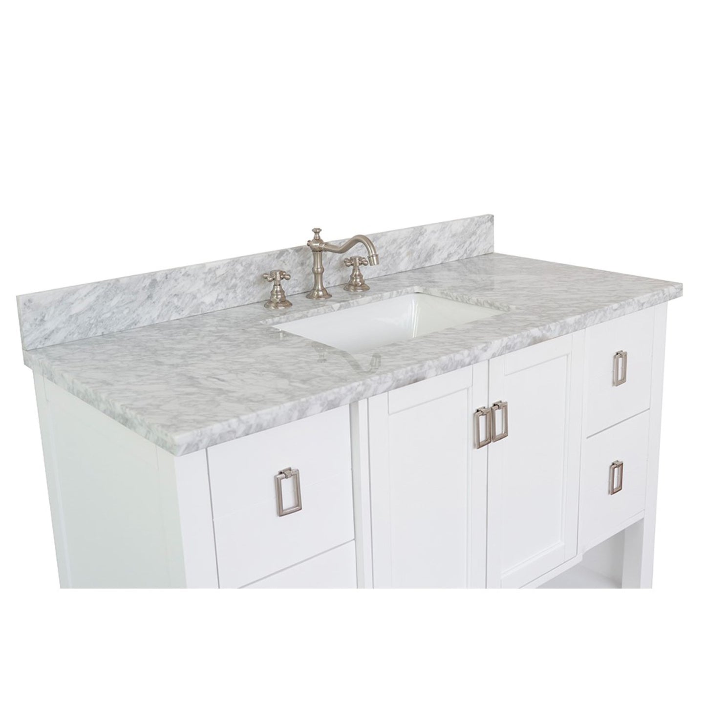 49" Single vanity in White finish with White Carrara top and rectangle sink