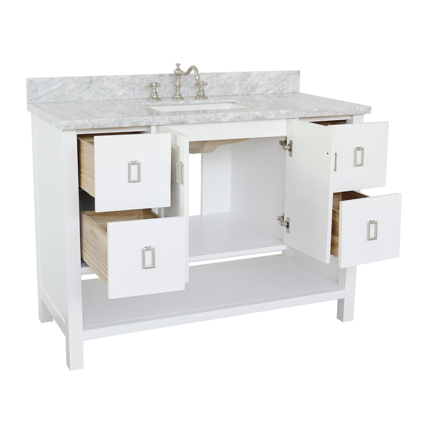 49" Single vanity in White finish with White Carrara top and rectangle sink