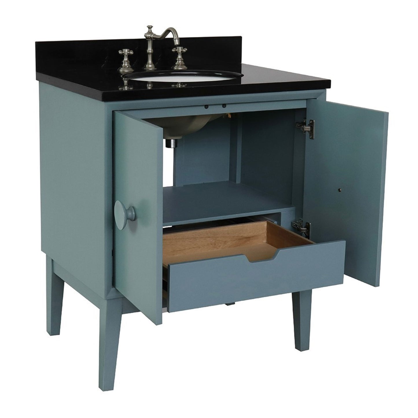 31" Single vanity in Aqua Blue finish with Black Galaxy top and oval sink