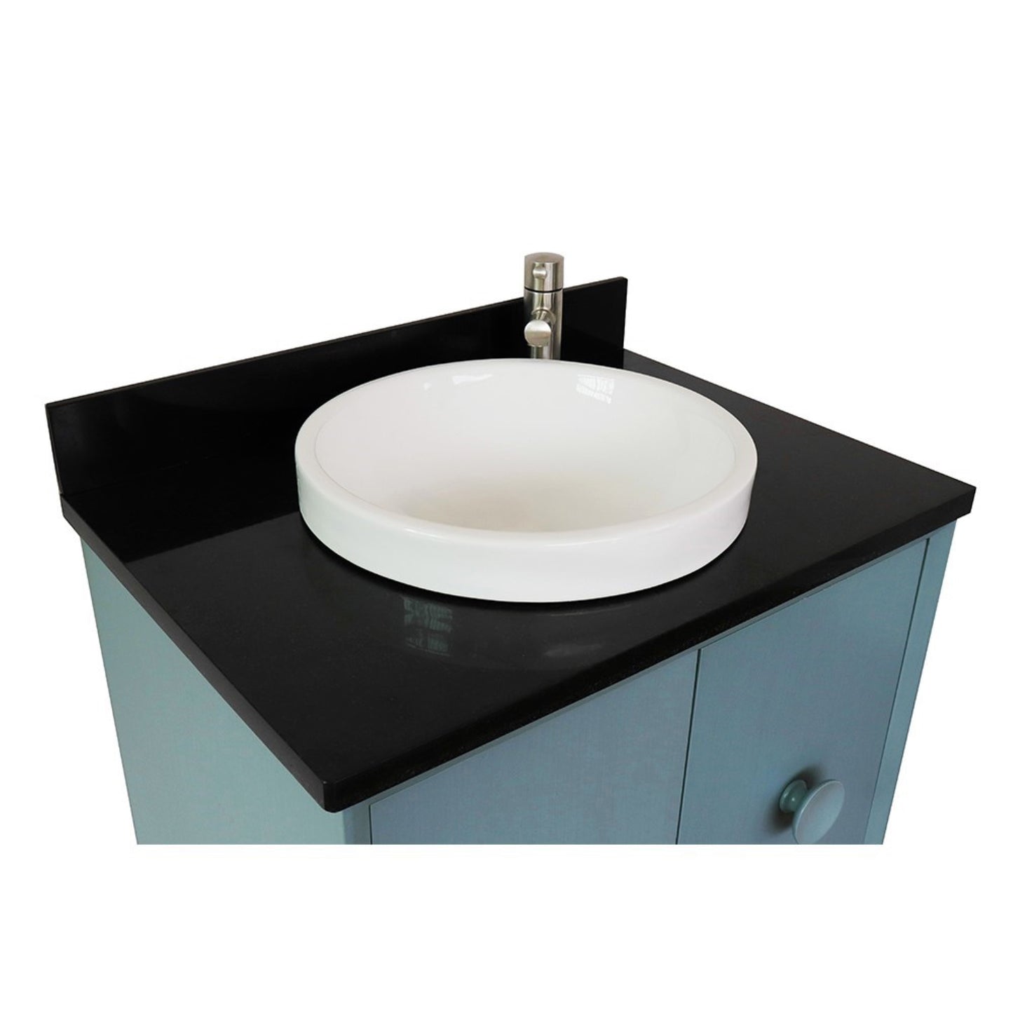 31" Single vanity in Aqua Blue finish with Black Galaxy top and round sink