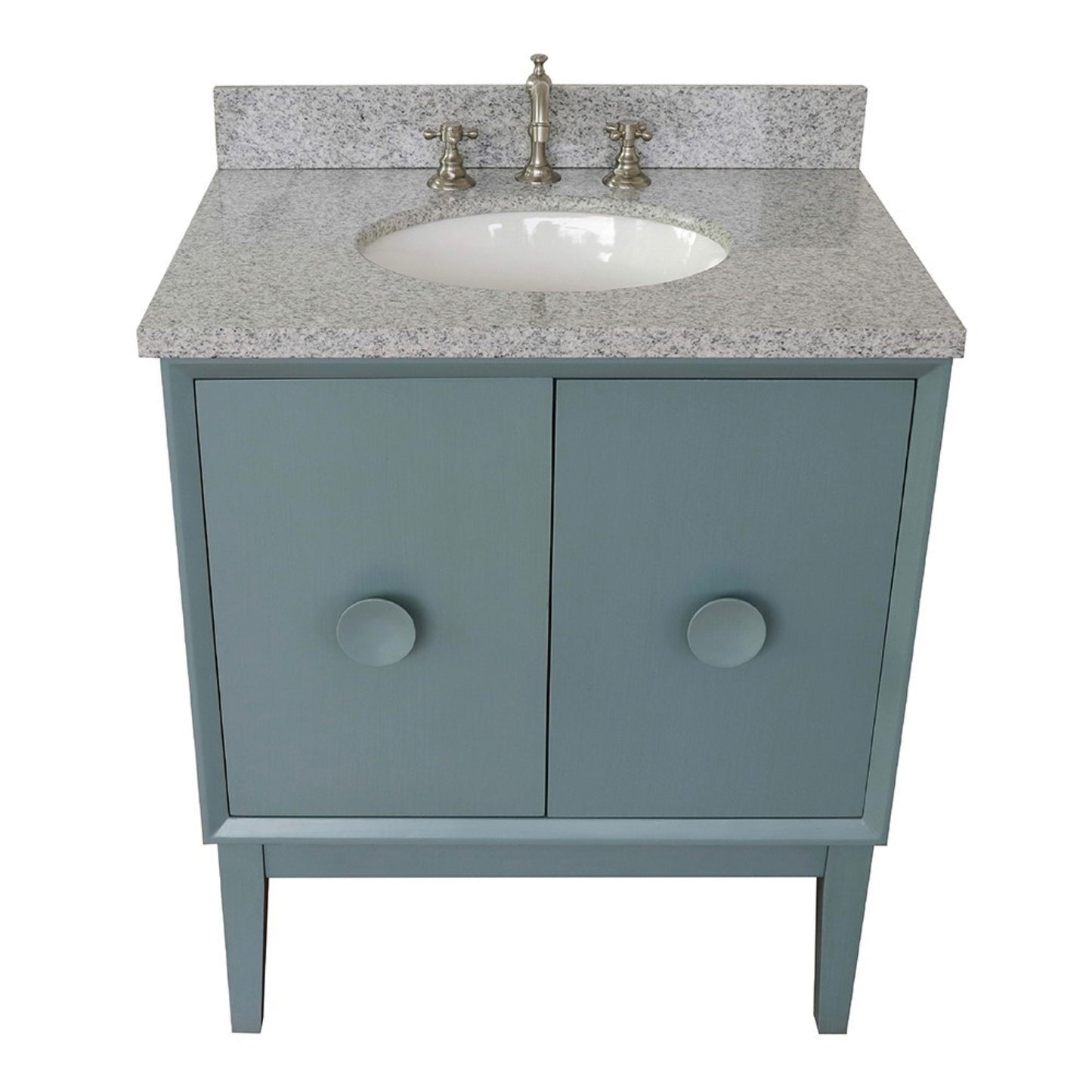 31" Single vanity in Aqua Blue finish with Gray granite top and oval sink