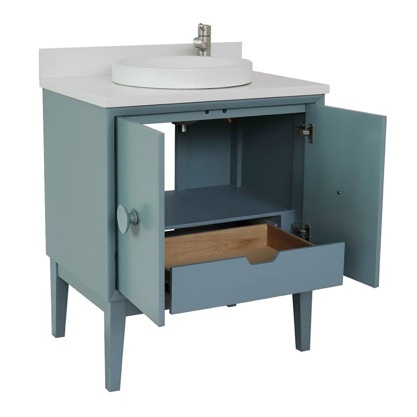 31" Single vanity in Aqua Blue finish with White engineered stone top and round sink