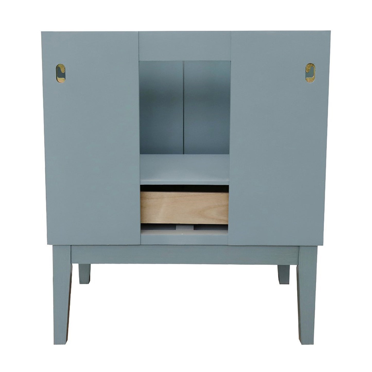 31" Single vanity in Aqua Blue finish with White engineered stone top and round sink