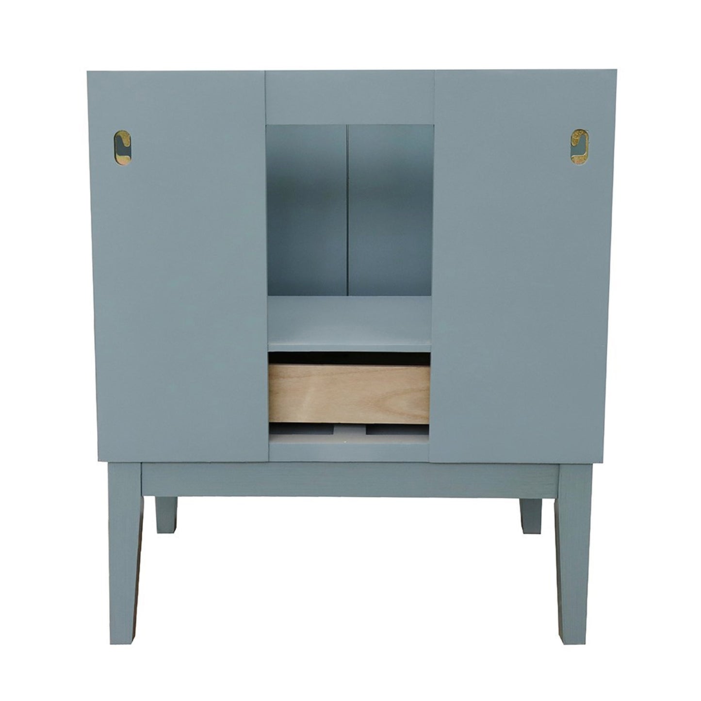 31" Single vanity in Aqua Blue finish with White engineered stone top and rectangle sink