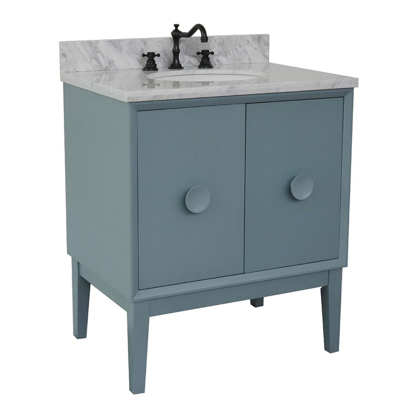 31" Single vanity in Aqua Blue finish with White Carrara top and oval sink
