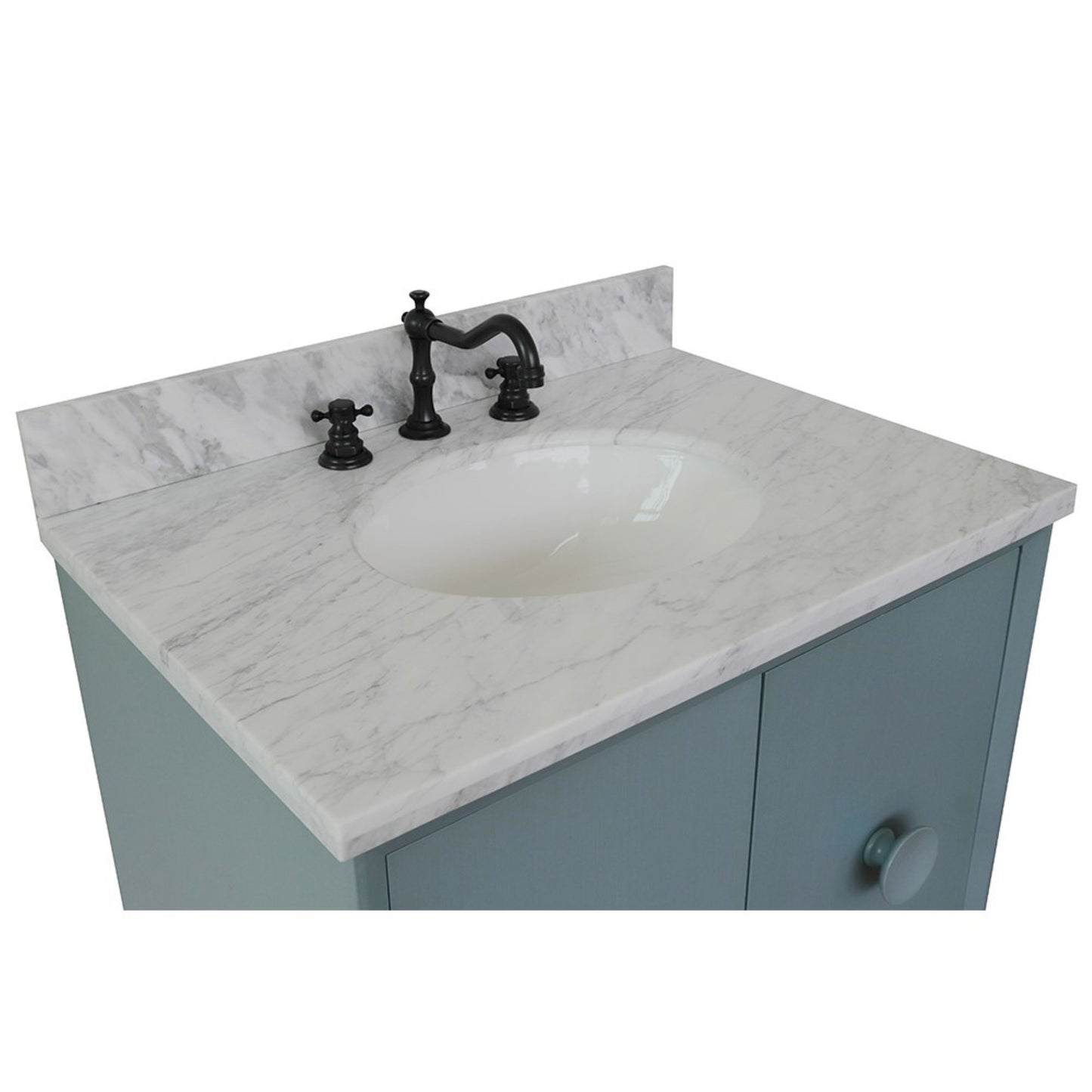 31" Single vanity in Aqua Blue finish with White Carrara top and oval sink