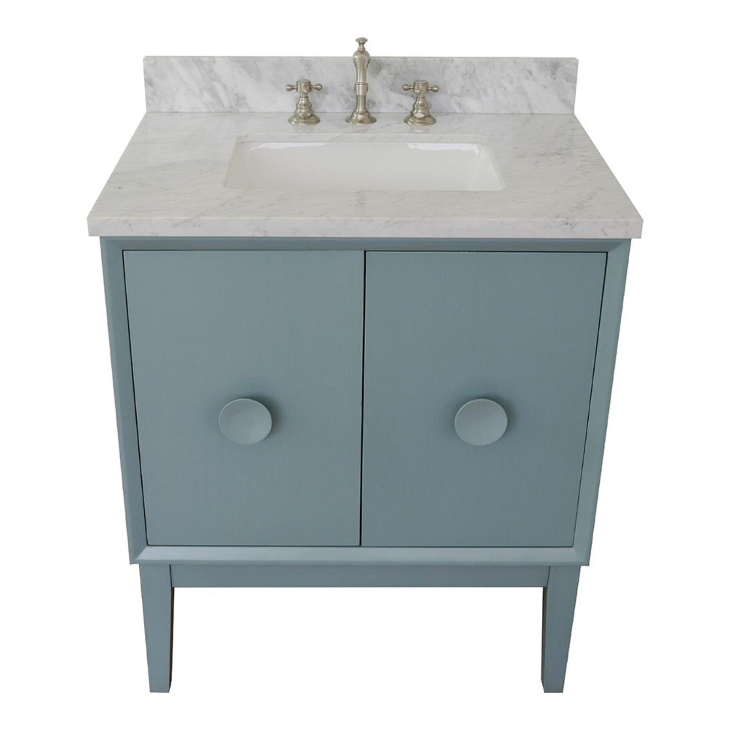 31" Single vanity in Aqua Blue finish with White Carrara top and rectangle sink