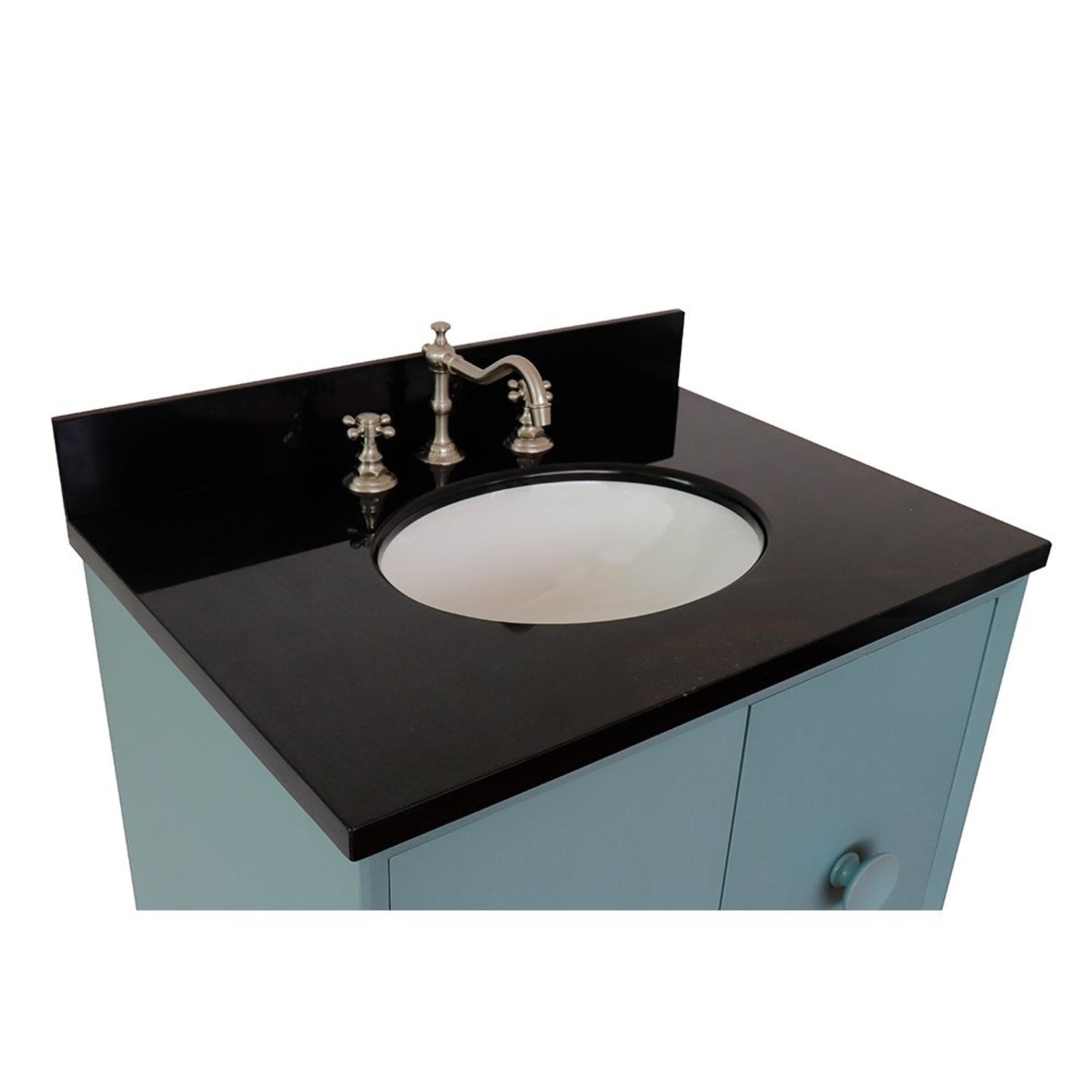 31" Single wall mount vanity in Aqua Blue finish with Black Galaxy top and oval sink