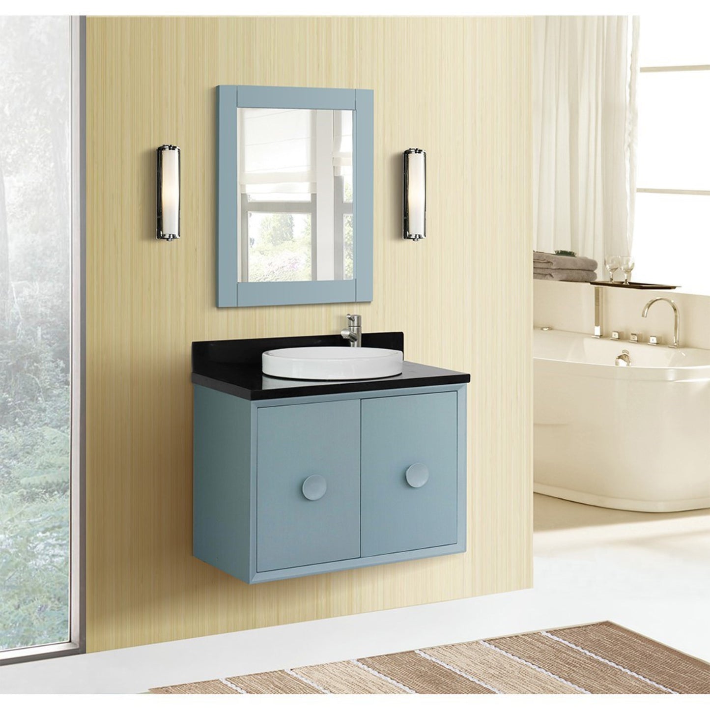 31" Single wall mount vanity in Aqua Blue finish with Black Galaxy top and round sink