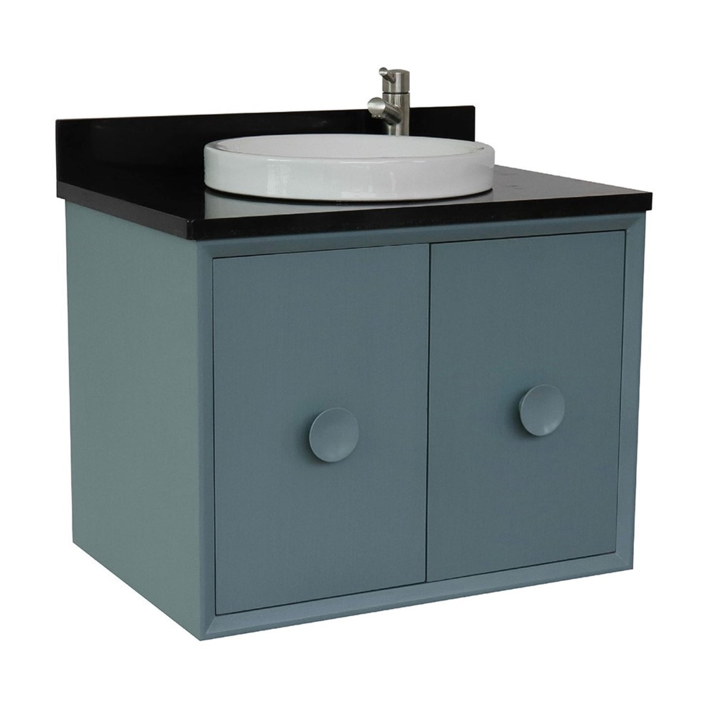 31" Single wall mount vanity in Aqua Blue finish with Black Galaxy top and round sink