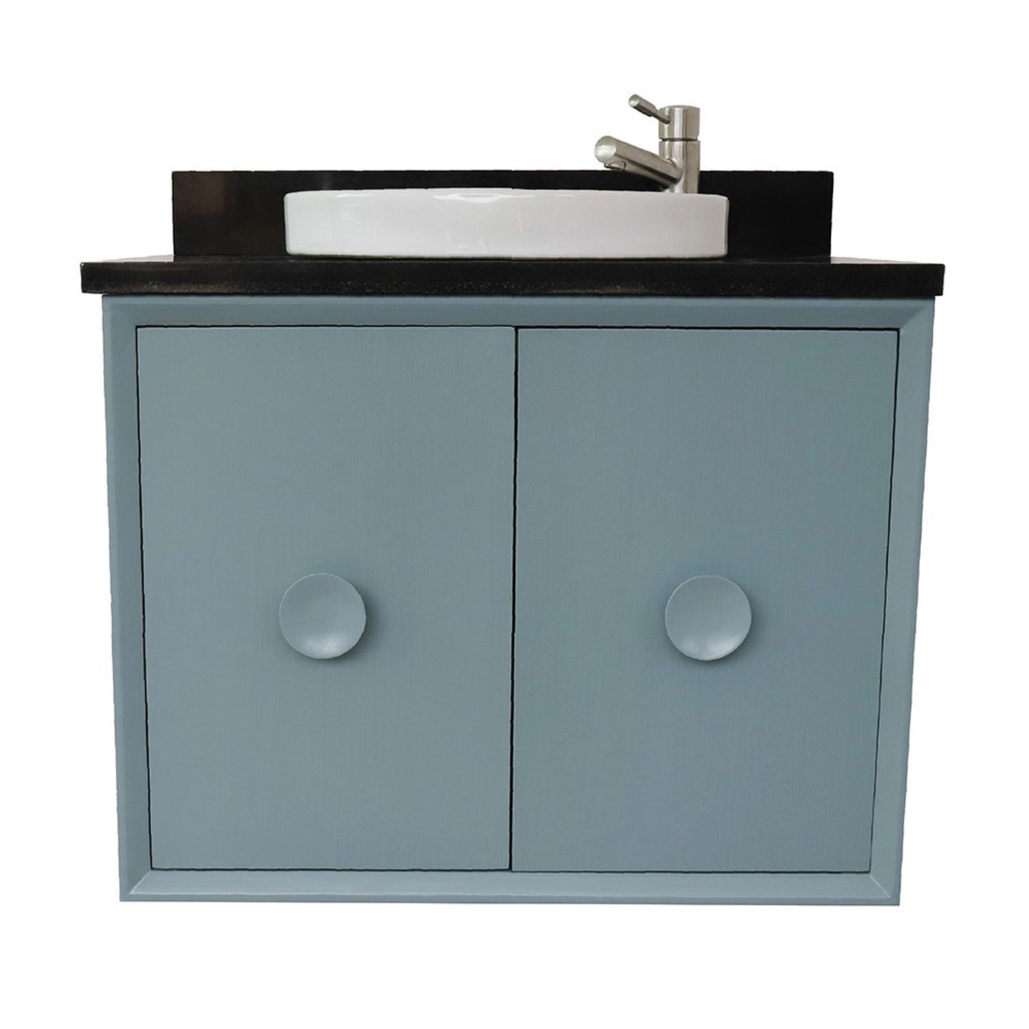 31" Single wall mount vanity in Aqua Blue finish with Black Galaxy top and round sink