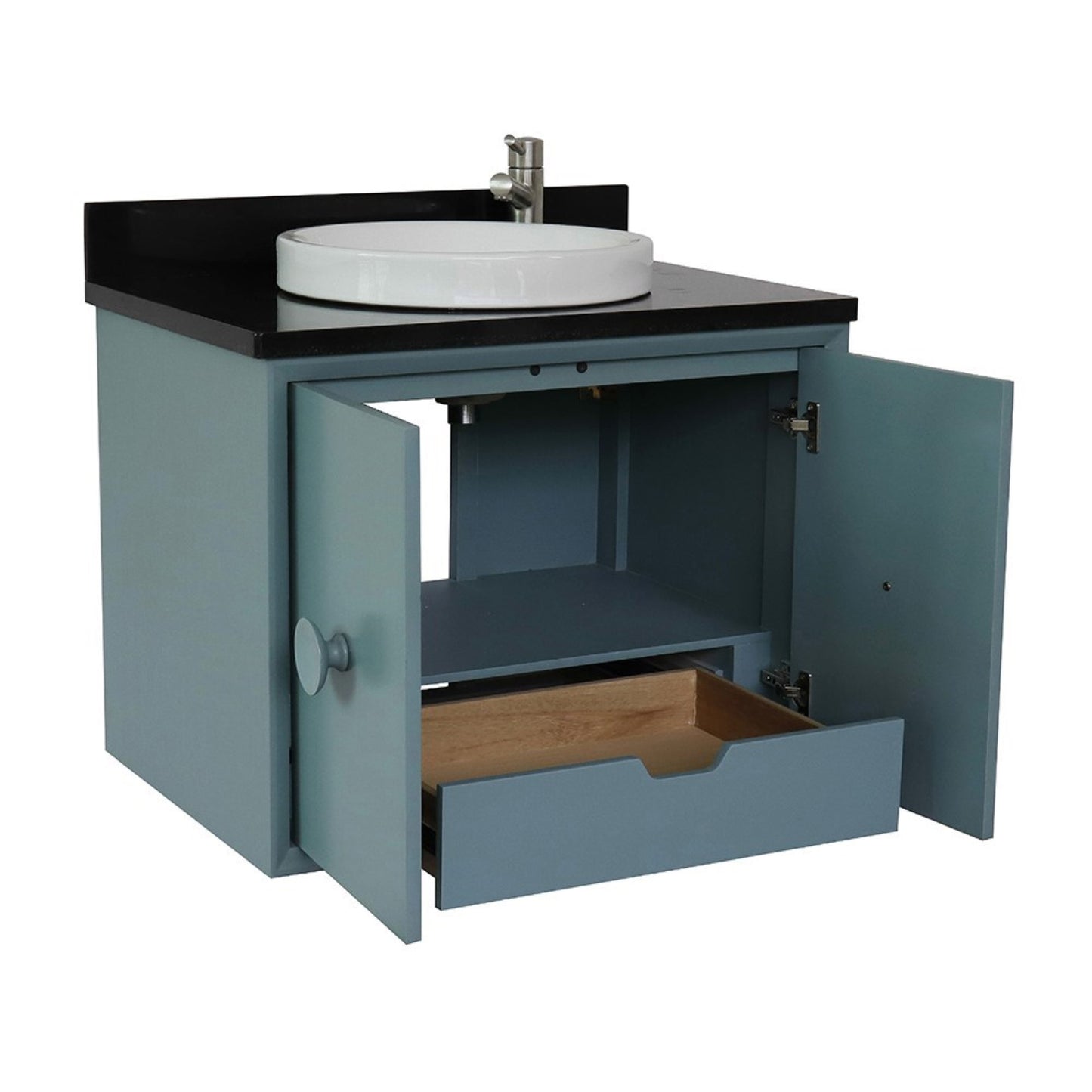 31" Single wall mount vanity in Aqua Blue finish with Black Galaxy top and round sink