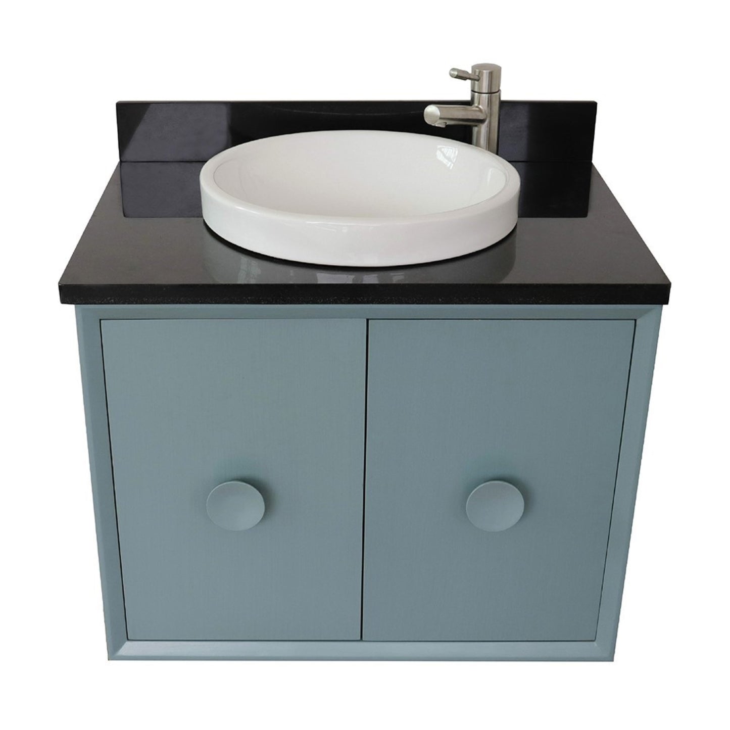 31" Single wall mount vanity in Aqua Blue finish with Black Galaxy top and round sink