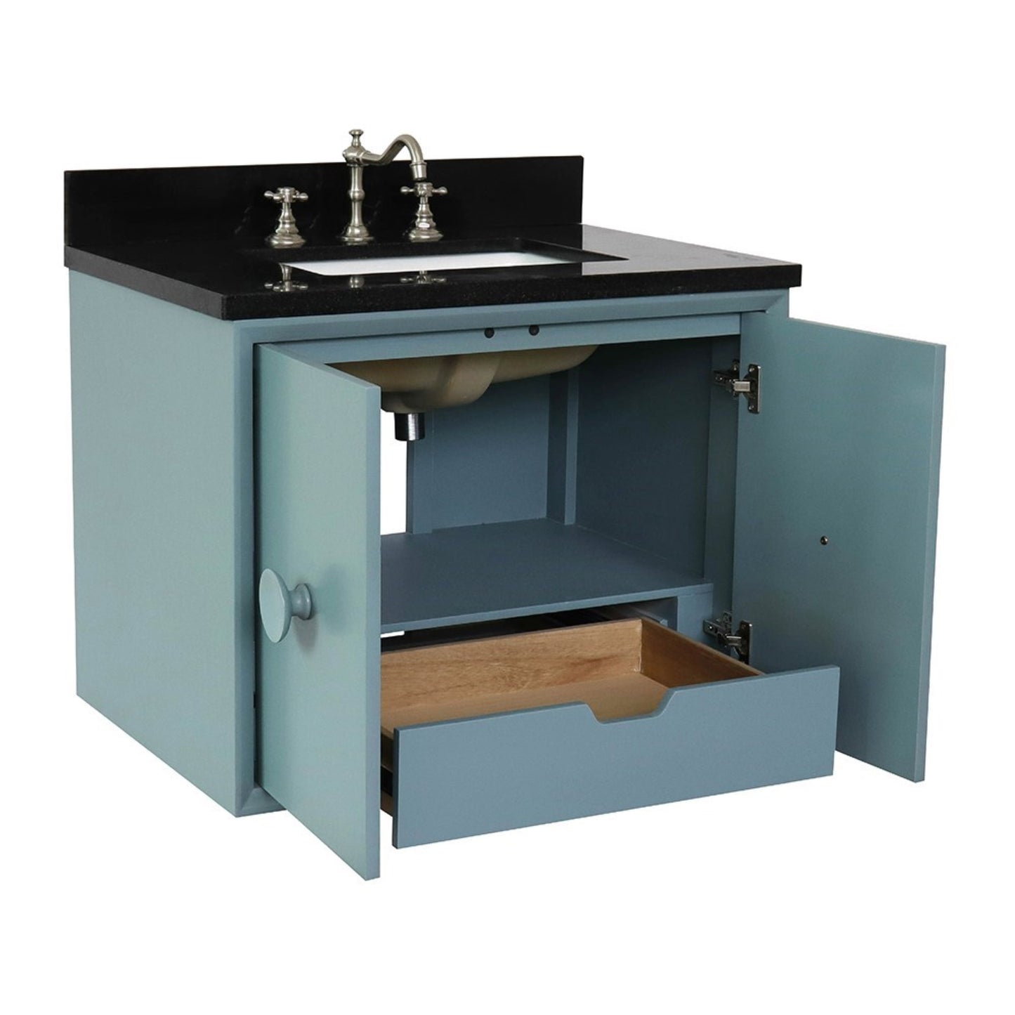 31" Single wall mount vanity in Aqua Blue finish with Black Galaxy top and rectangle sink