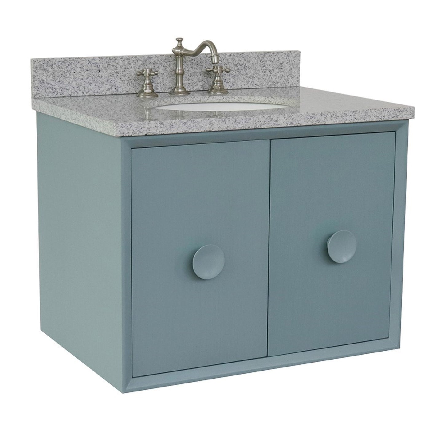 31" Single wall mount vanity in Aqua Blue finish with Gray granite top and oval sink