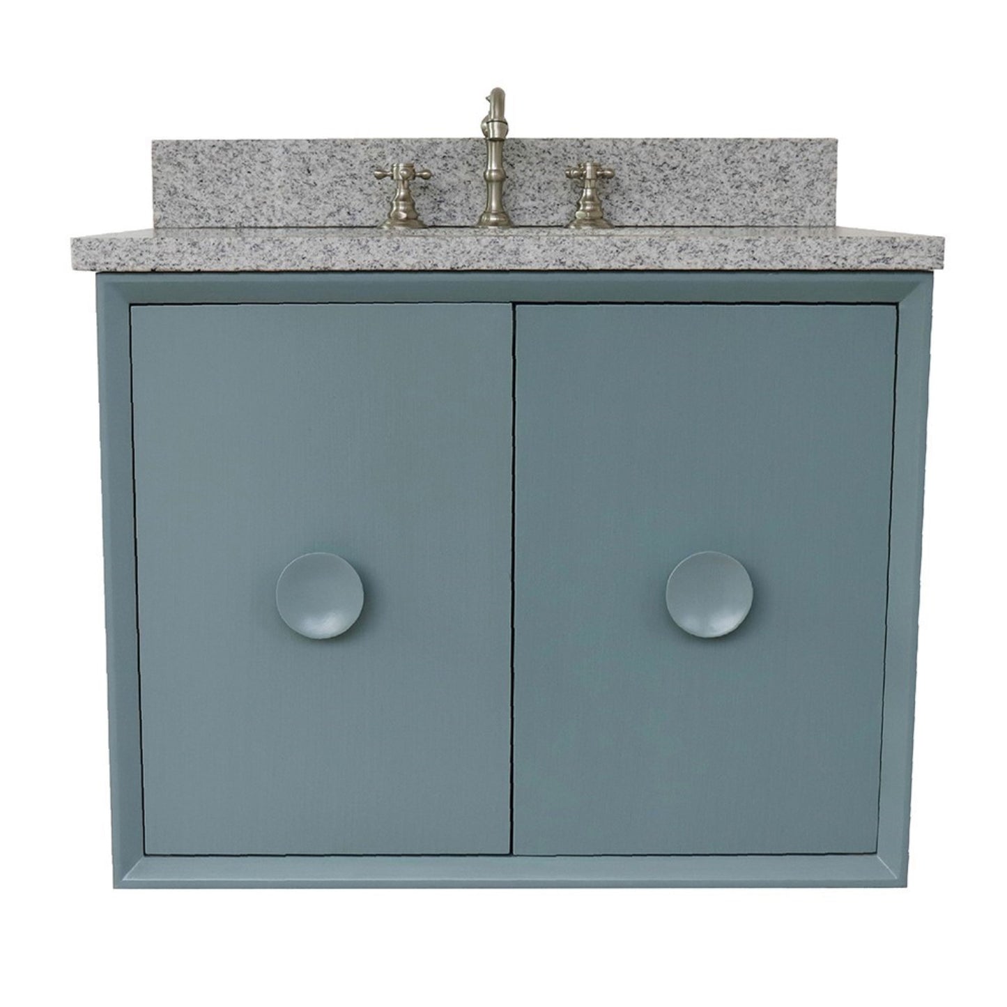 31" Single wall mount vanity in Aqua Blue finish with Gray granite top and oval sink