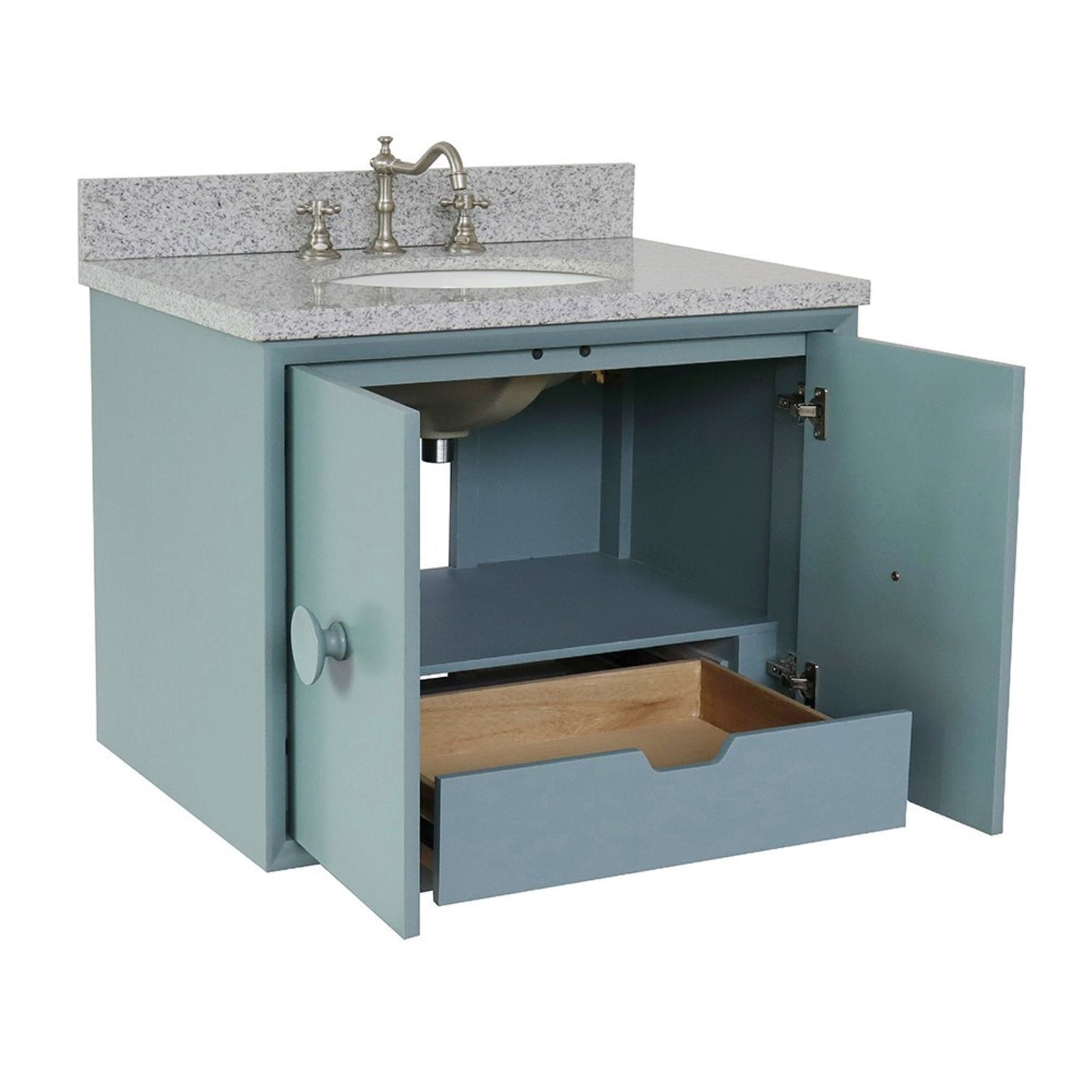 31" Single wall mount vanity in Aqua Blue finish with Gray granite top and oval sink