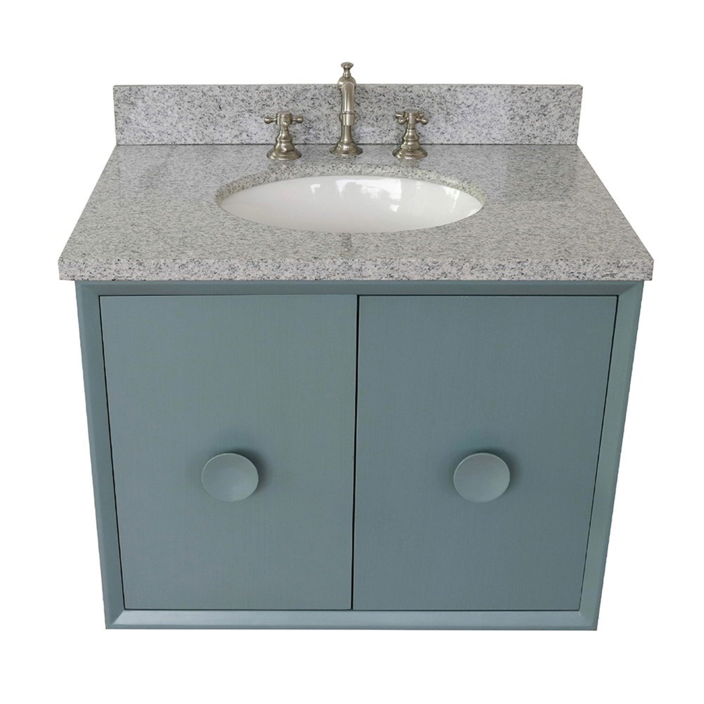 31" Single wall mount vanity in Aqua Blue finish with Gray granite top and oval sink