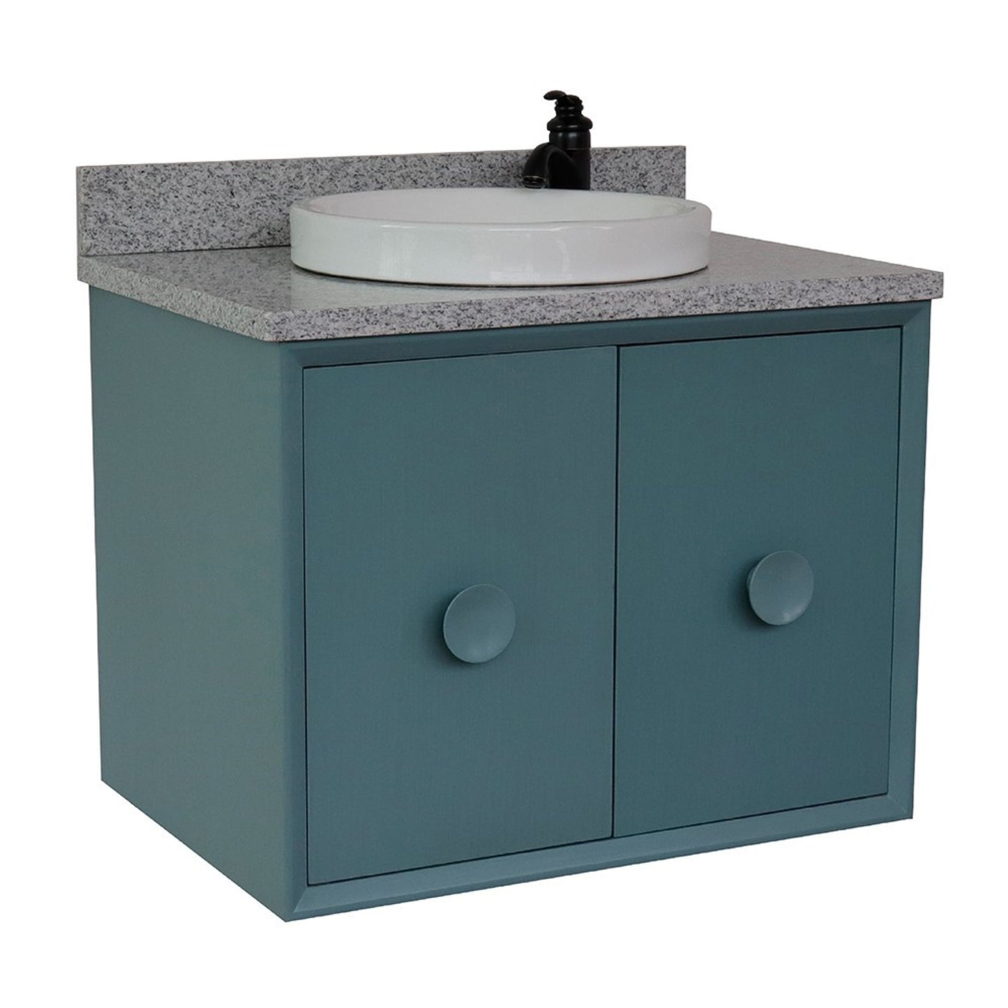 31" Single wall mount vanity in Aqua Blue finish with Gray granite top and round sink