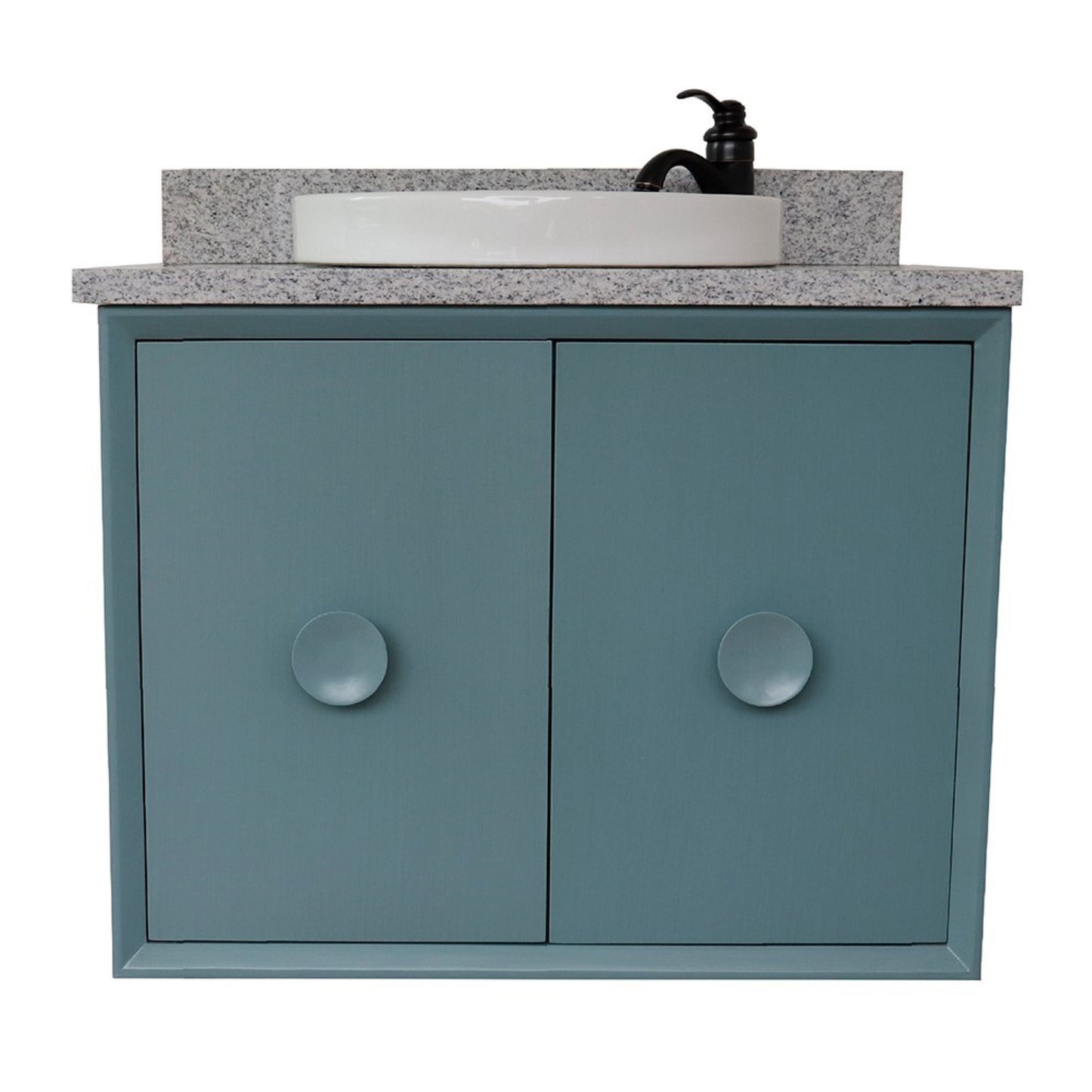 31" Single wall mount vanity in Aqua Blue finish with Gray granite top and round sink