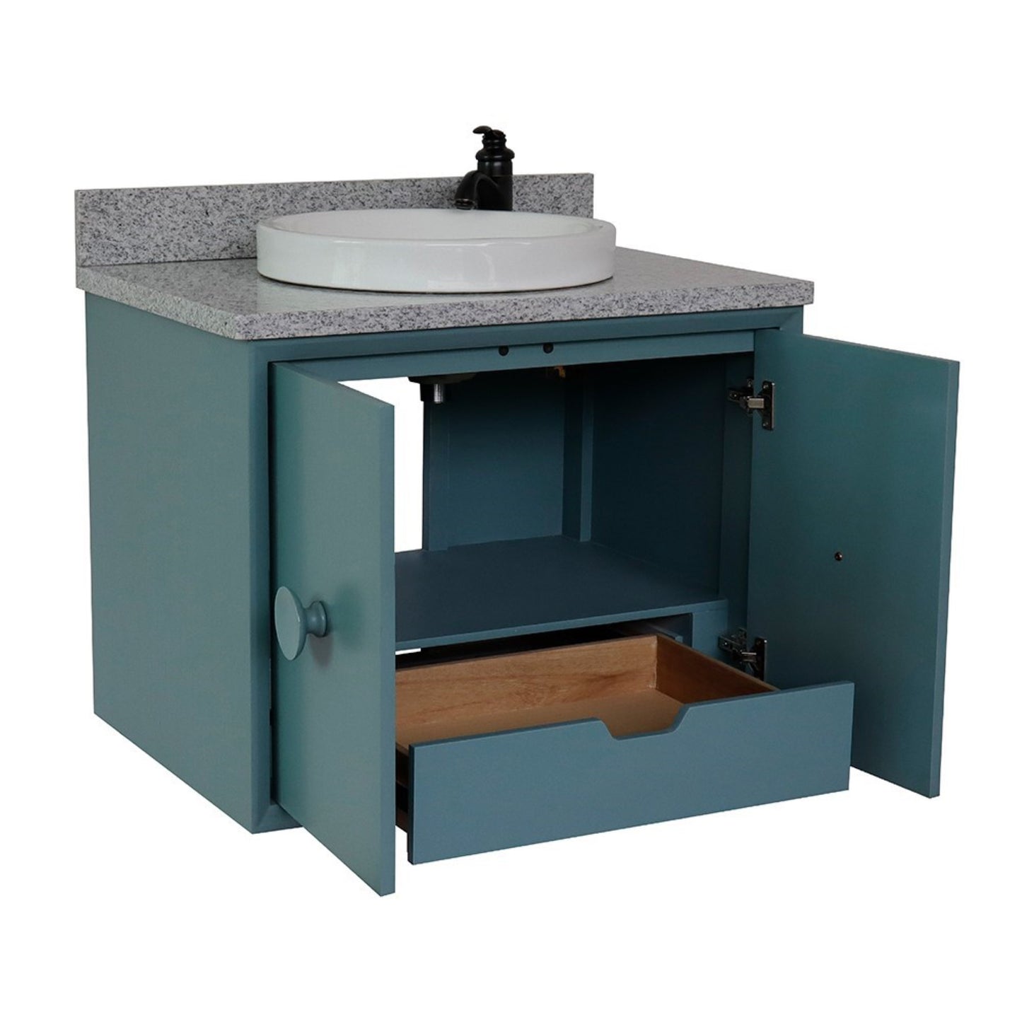 31" Single wall mount vanity in Aqua Blue finish with Gray granite top and round sink